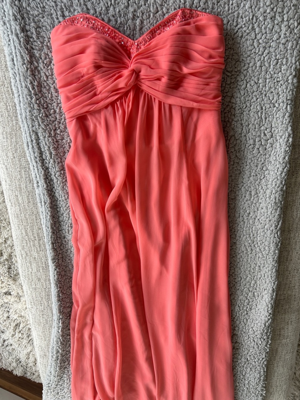 David’s Bridal Strapless Coral Chiffon Maxi bridesmaids Dress